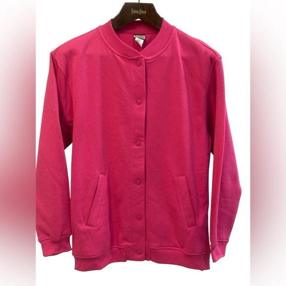 TUDOR COURT Hot Barbie Neon Pink Fleece Jacket Snap Buttons Pockets SZ M NWOT - Picture 1 of 12
